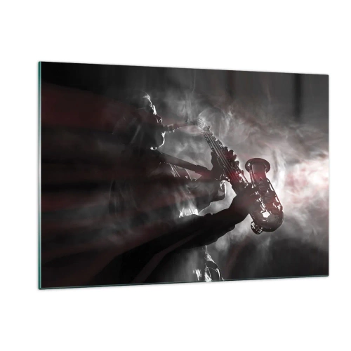 Glasbild - Bild auf glas - Saxophonist in einer Rauchwolke in Schwarz und Weiß - 120x80cm - In den Dämpfen des Jazz - Moderne Wanddekoration für Wohnzimmer und Schlafzimmer ARTTOR