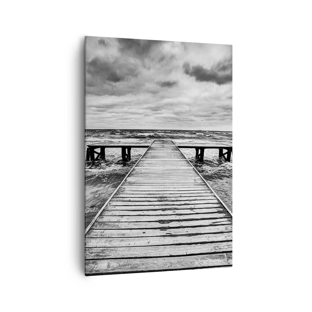 Bild auf Leinwand - Leinwandbild - Eine Schwarz-Weiß-Ansicht eines Holzstegs über einer stürmischen See. - 70x100cm - Ich warte darauf, dass der Wind wegjagt... - Moderne Wanddekoration für Wohnzimmer und Schlafzimmer ARTTOR