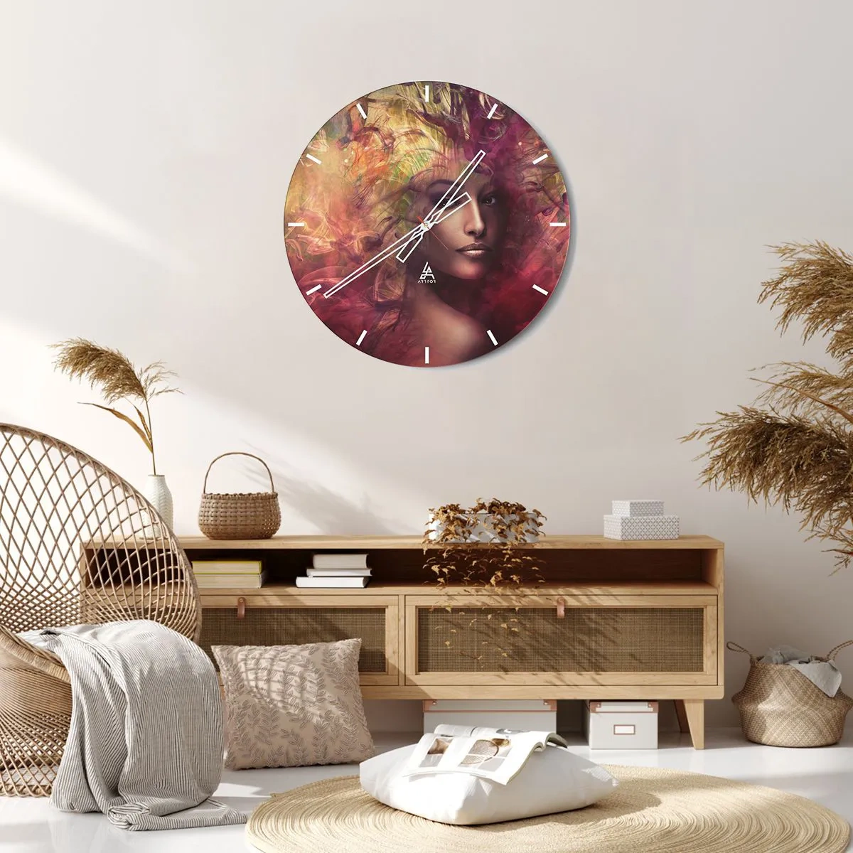 Wanduhr - Glasuhr - Porträt einer Frau mit intensiven bunten Nebeln im Hintergrund - 30x30cm - Ich bin hier! - Moderne Wanddekoration für Wohnzimmer, Küche und Schlafzimmer ARTTOR