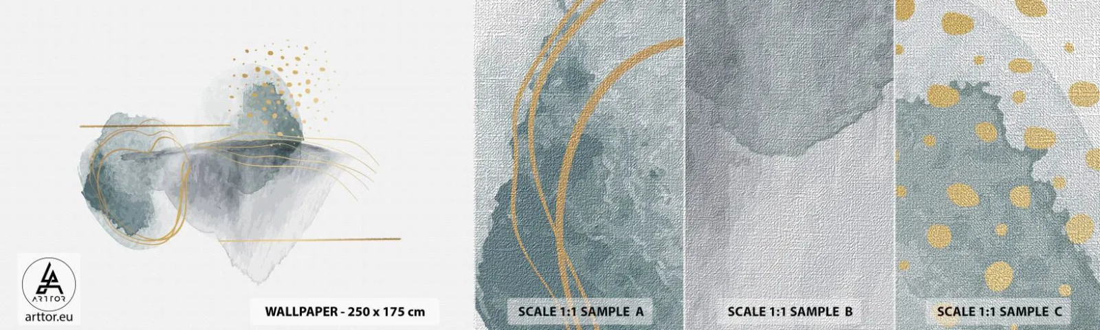Fototapeten Muster Premium Canvas - Über das Verhältnis von Grau und Gold - Abstraktion, Stück, Interessante Formen - 100x30 cm