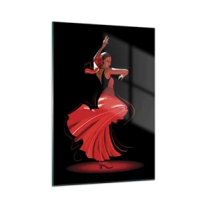 Glasbild - Bild auf glas - Flamenco-Tänzerin in einem roten Kleid vor schwarzem Hintergrund - 50x70cm - Der feurige Geist des Flamenco - Moderne Wanddekoration für Wohnzimmer und Schlafzimmer ARTTOR