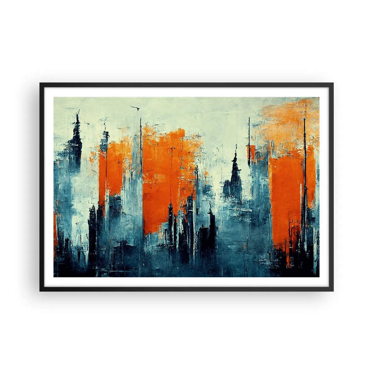 Poster in einem schwarzem Rahmen - Abstrakte Stadtlandschaft in Orange- und Blautönen - 100x70cm - Moderne Landschaft - Moderne Wanddekoration für Wohnzimmer und Schlafzimmer ARTTOR