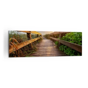 Bild auf Leinwand - Leinwandbild - Holzsteg zum Strand bei Sonnenuntergang - 160x50cm - Und direkt ans Ufer - Moderne Wanddekoration für Wohnzimmer und Schlafzimmer ARTTOR