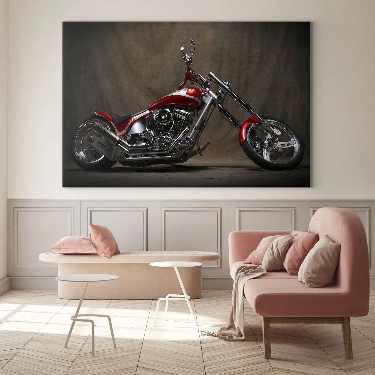 Glasbild - Bild auf glas - Rotes Custom-Motorrad auf dunklem Hintergrund - 70x50cm - Rote und silberne Schönheit - Moderne Wanddekoration für Wohnzimmer und Schlafzimmer ARTTOR