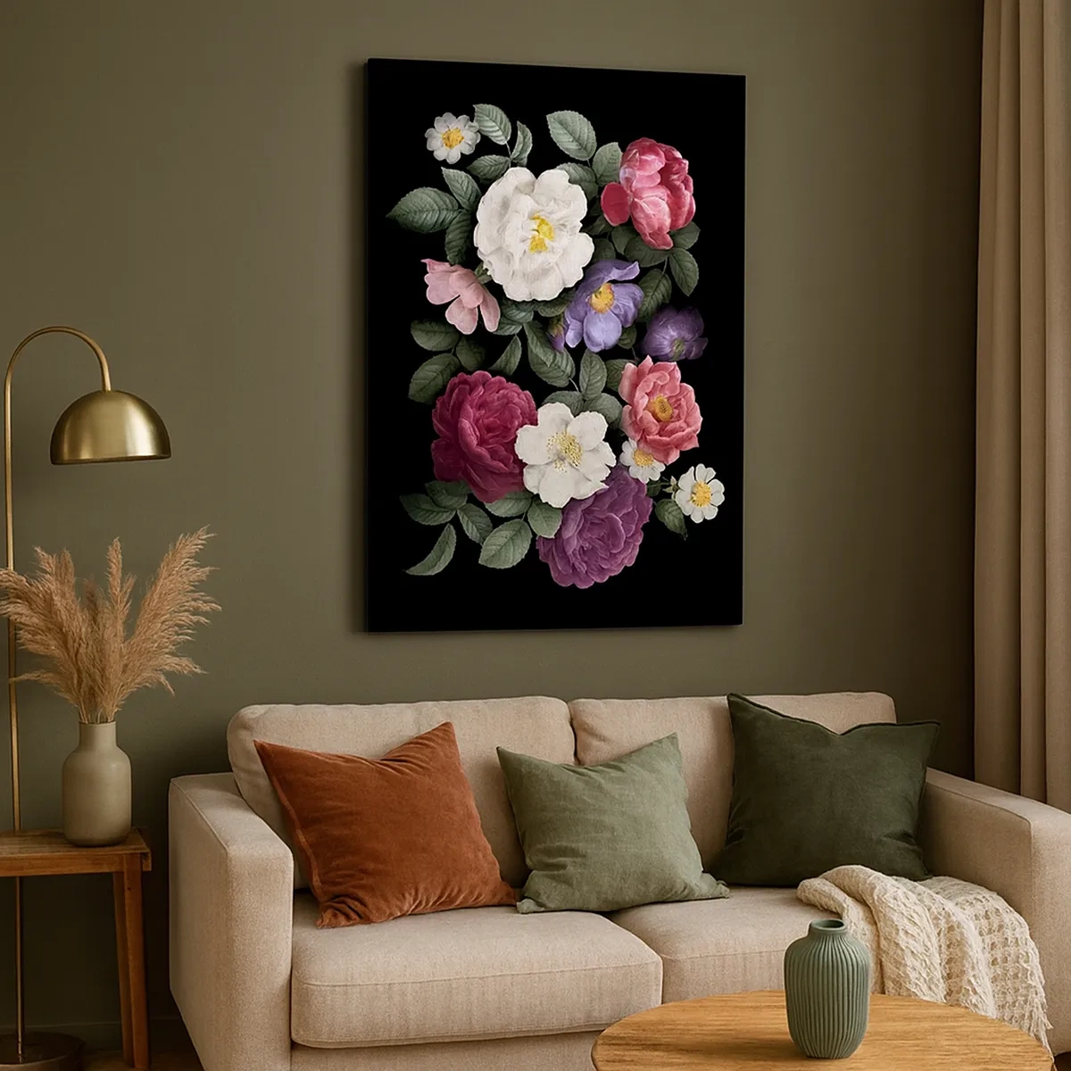 Bild auf Leinwand - Leinwandbild - Blumen in verschiedenen Farben auf schwarzem Hintergrund - 50x70cm - Aus dem Englischen Garten - Moderne Wanddekoration für Wohnzimmer und Schlafzimmer ARTTOR