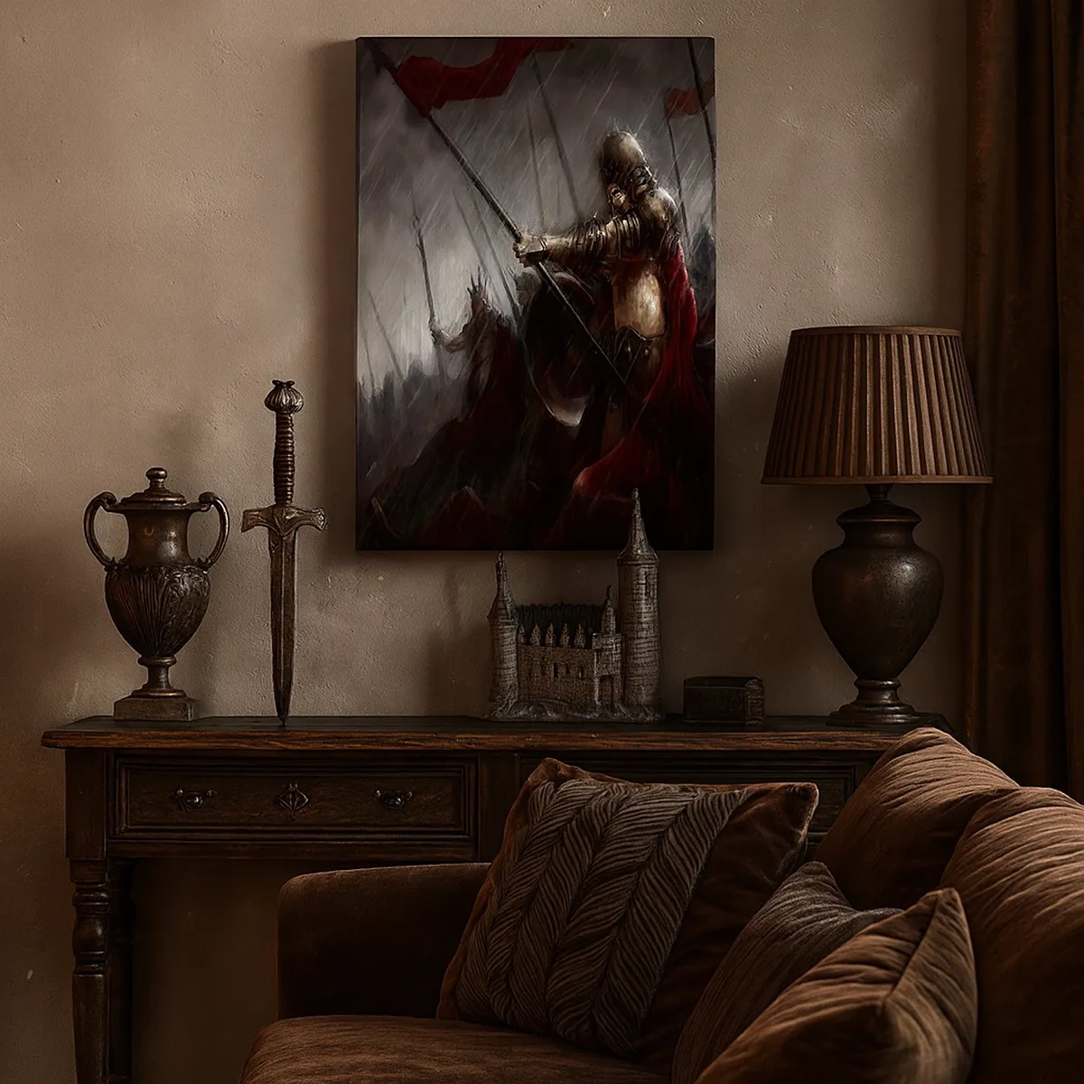 Bild auf Leinwand - Leinwandbild - Ritter marschieren im Regen zum Schlachtfeld - 50x70cm - Passant, sag Sparta ... - Moderne Wanddekoration für Wohnzimmer und Schlafzimmer ARTTOR