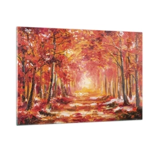 Glasbild - Bild auf glas - Herbstlandschaft mit Bäumen in warmen Farben - 120x80cm - Kupferwald - Moderne Wanddekoration für Wohnzimmer und Schlafzimmer ARTTOR