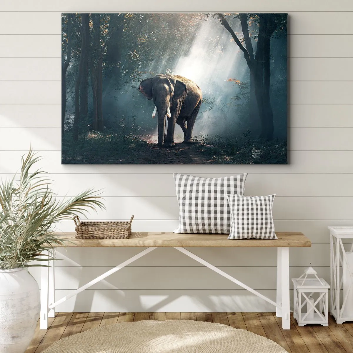 Bild auf Leinwand - Leinwandbild - Elefant im Waldlicht - 120x80cm - Ein gemütlicher Spaziergang - Moderne Wanddekoration für Wohnzimmer und Schlafzimmer ARTTOR