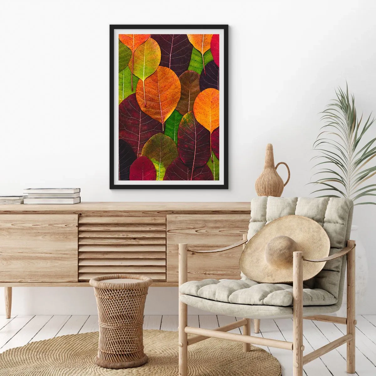 Poster in einem schwarzem Rahmen - Bunte Blätter in Grün-, Orange- und Rottönen, angeordnet in einem Mosaikmuster - 50x70cm - Herbstmosaik - Moderne Wanddekoration für Wohnzimmer und Schlafzimmer ARTTOR