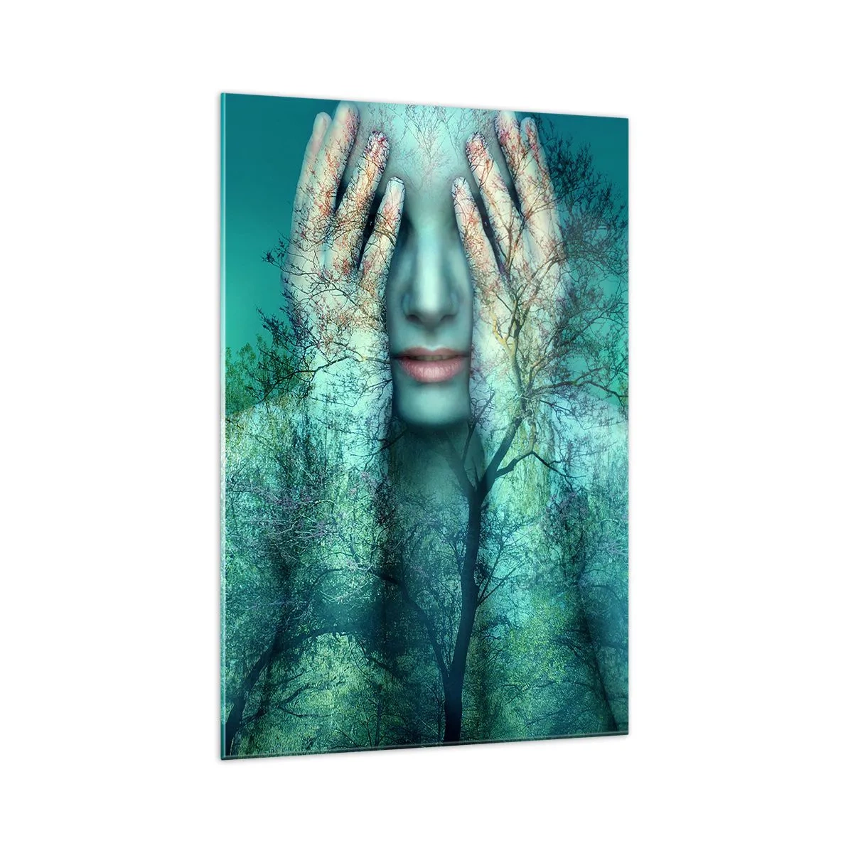 Glasbild - Bild auf glas - Eine Frauenfigur mit Baummotiv vor türkisfarbenem Landschaftshintergrund - 70x100cm - Eingetaucht in Blau - Moderne Wanddekoration für Wohnzimmer und Schlafzimmer ARTTOR