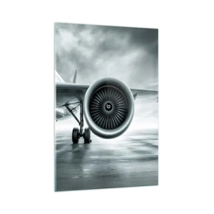Glasbild - Bild auf glas - Das Düsentriebwerk eines Flugzeugs auf dem Rollfeld - 70x100cm - Die Macht ist da! - Moderne Wanddekoration für Wohnzimmer und Schlafzimmer ARTTOR