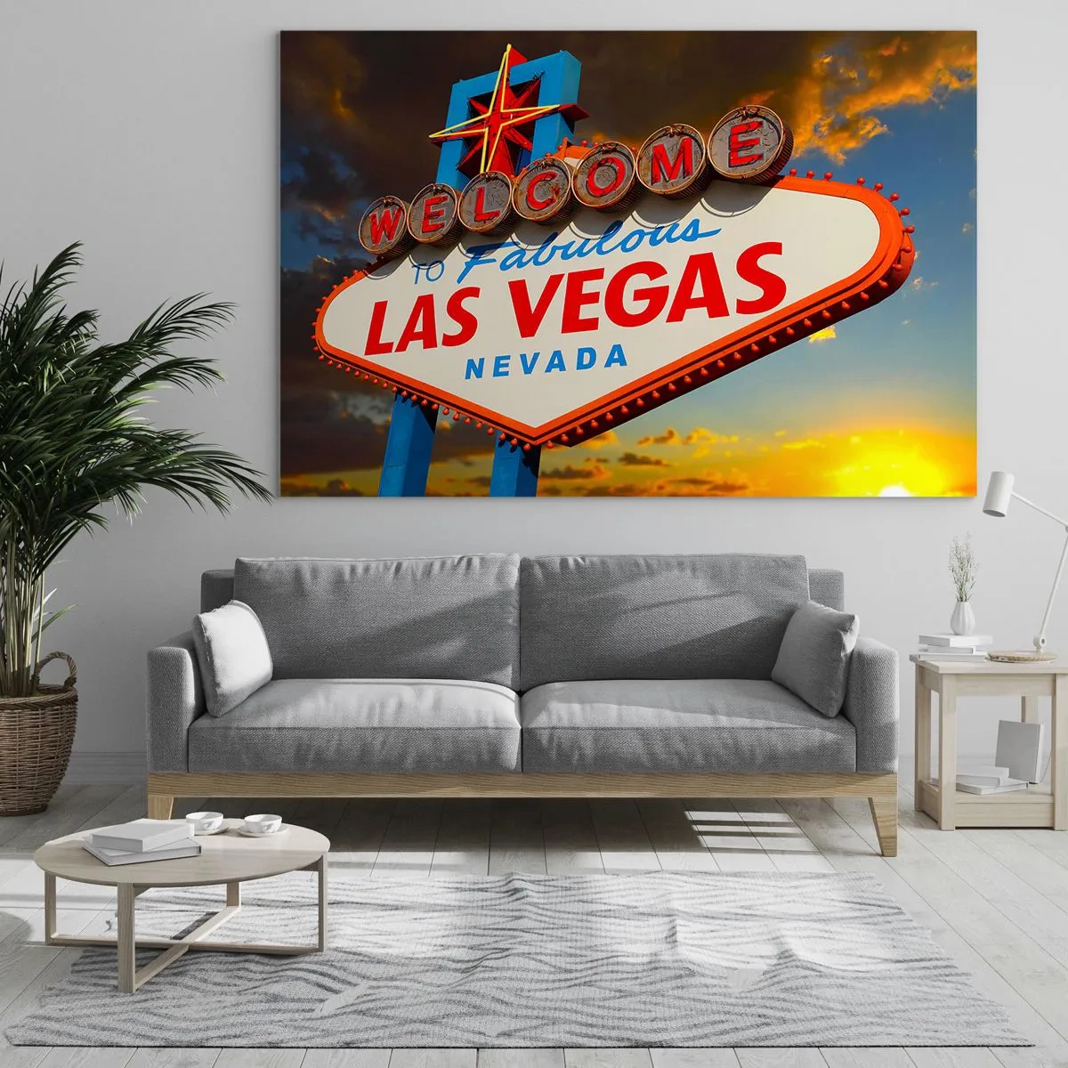 Glasbild - Bild auf glas - Las Vegas Willkommensschild gegen die untergehende Sonne - 70x50cm - Für ein Lächeln des Schicksals - Moderne Wanddekoration für Wohnzimmer und Schlafzimmer ARTTOR