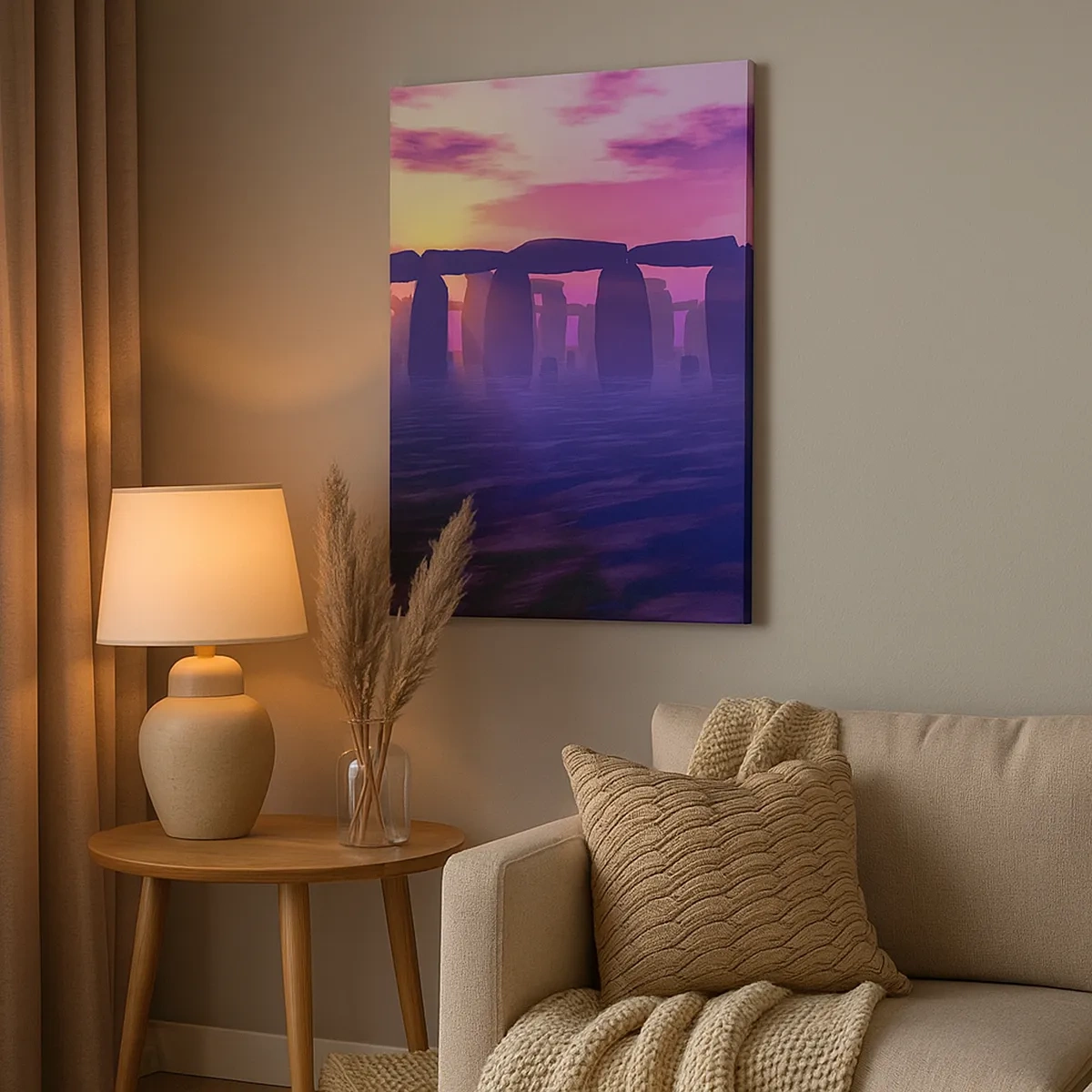 Bild auf Leinwand - Leinwandbild - Steinkreis bei Sonnenuntergang mit violettem Himmel - 50x70cm - Geheimnis im Morgengrauen im Nebel - Moderne Wanddekoration für Wohnzimmer und Schlafzimmer ARTTOR