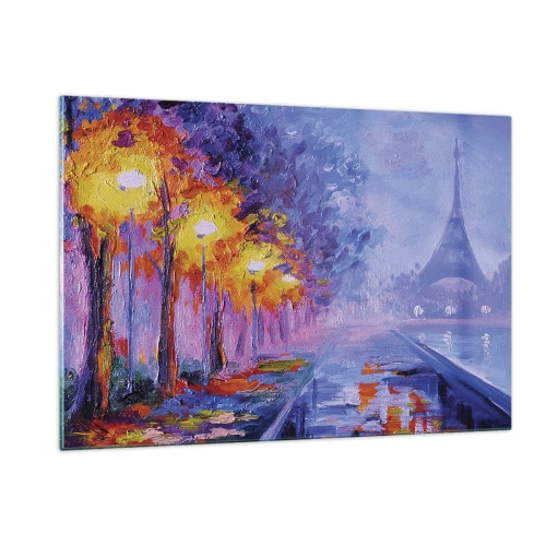 Glasbild - Bild auf glas - Abendspaziergang in Paris mit Eiffelturm - 120x80cm - Ein Traumspaziergang - Moderne Wanddekoration für Wohnzimmer und Schlafzimmer ARTTOR