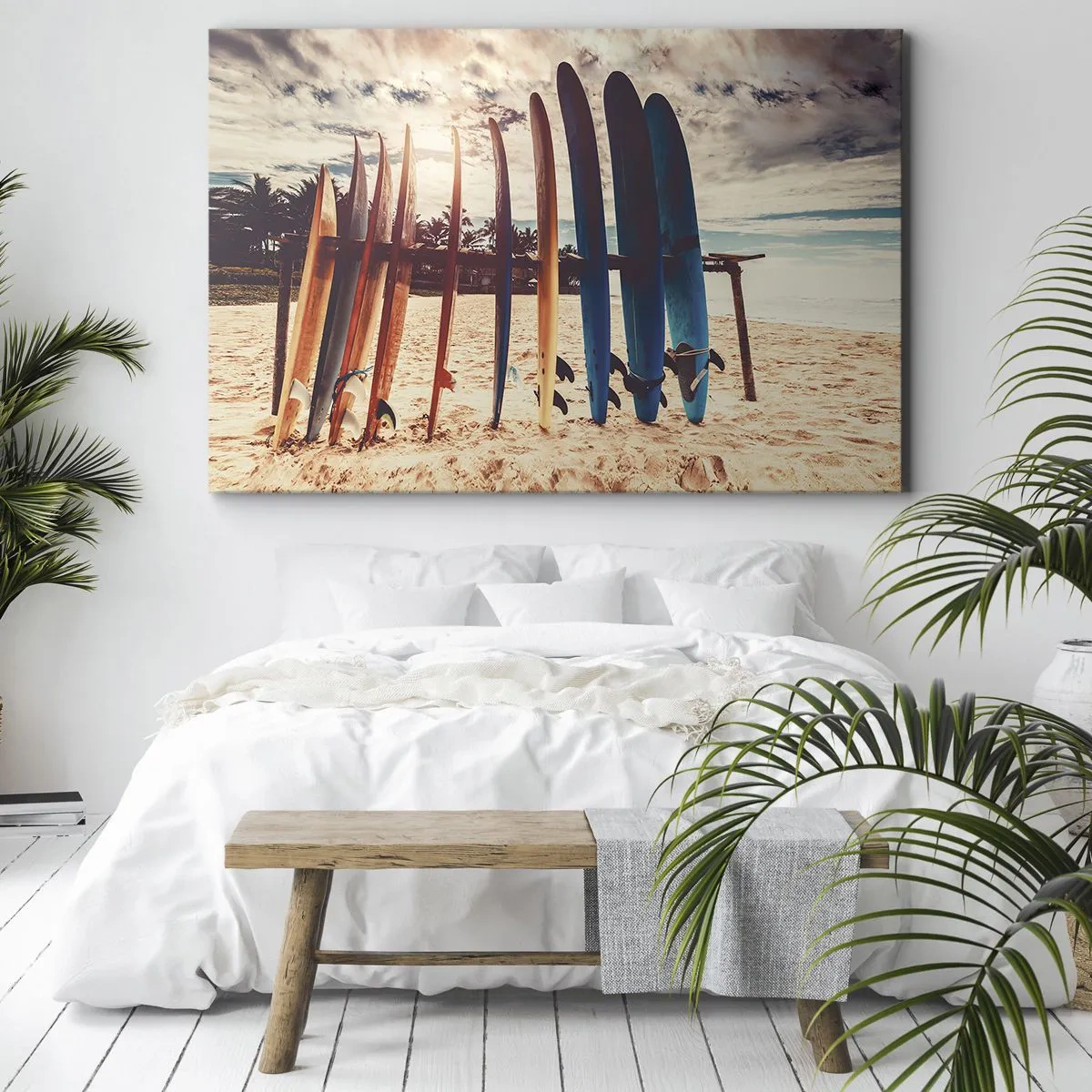 Bild auf Leinwand - Leinwandbild - Surfbretter am Strand bei Sonnenuntergang - 70x50cm - Gute Nacht bis morgen - Moderne Wanddekoration für Wohnzimmer und Schlafzimmer ARTTOR