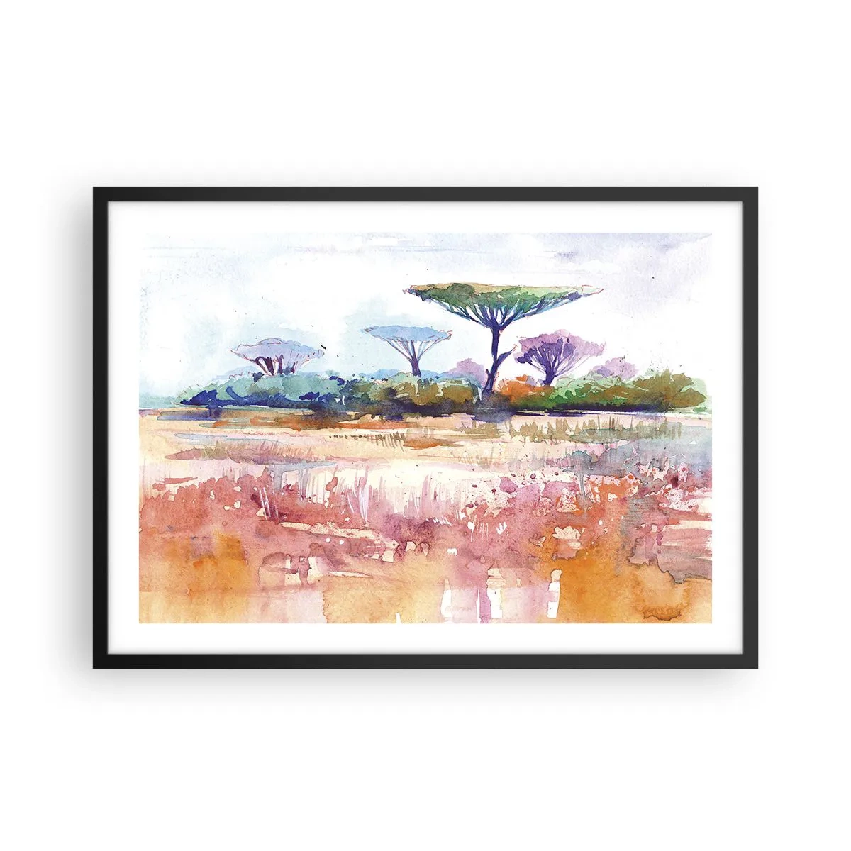 Poster in einem schwarzem Rahmen - Eine malerische Savannenlandschaft in Aquarellfarben - 70x50cm - Savannah-Farben - Moderne Wanddekoration für Wohnzimmer und Schlafzimmer ARTTOR