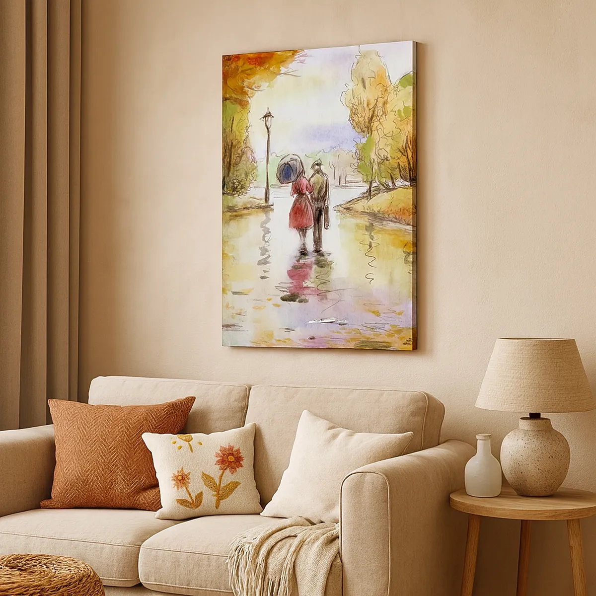 Bild auf Leinwand - Leinwandbild - Ein Spaziergang im Herbstpark mit einem Regenschirm - 50x70cm - Romantischer Herbst im Park - Moderne Wanddekoration für Wohnzimmer und Schlafzimmer ARTTOR
