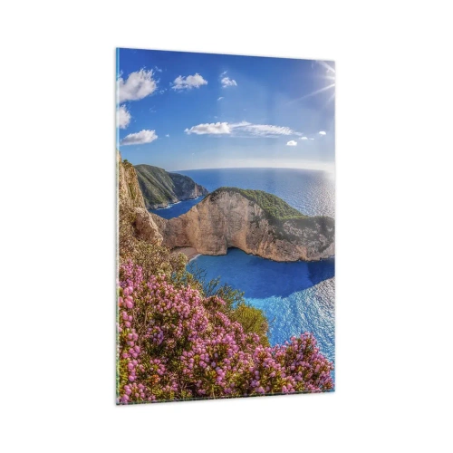 Glasbild - Bild auf glas - Eine Klippe mit Blumen, ein türkisfarbenes Meer und eine sonnige griechische Landschaft - 80x120cm - Mein toller Griechenlandurlaub - Moderne Wanddekoration für Wohnzimmer und Schlafzimmer ARTTOR