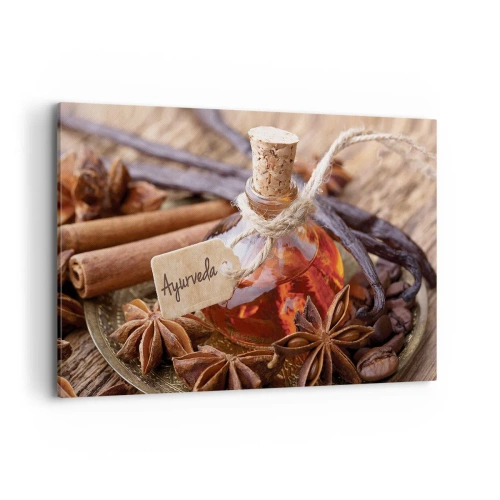 Bild auf Leinwand - Leinwandbild - Eine Flasche Gewürzöl auf einem Tablett - 120x80cm - Zur Einheit von Körper und Geist - Moderne Wanddekoration für Wohnzimmer und Schlafzimmer ARTTOR