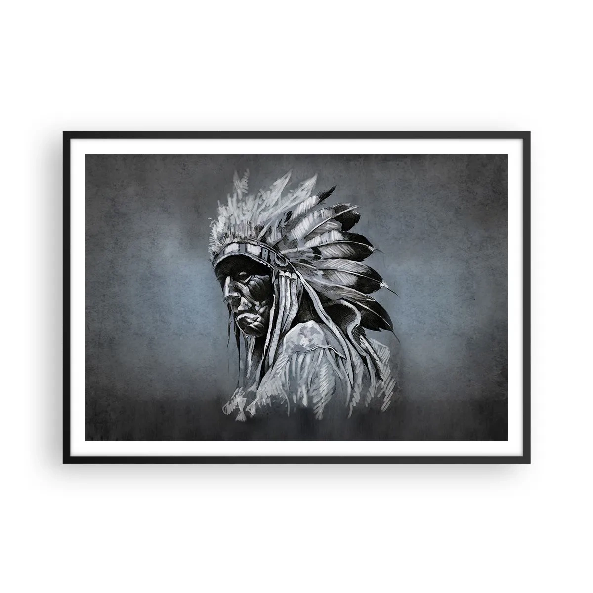Poster in einem schwarzem Rahmen - Porträt eines Indianerhäuptlings mit traditioneller Kopfbedeckung - 100x70cm - Zurück zu den Wurzeln - Moderne Wanddekoration für Wohnzimmer und Schlafzimmer ARTTOR