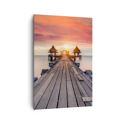 Bild auf Leinwand - Leinwandbild - Holzsteg führt zu Pavillons bei Sonnenuntergang - 70x100cm - Westen im Osten - Moderne Wanddekoration für Wohnzimmer und Schlafzimmer ARTTOR
