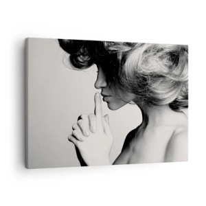 Bild auf Leinwand - Leinwandbild - Schwarz-weißes Profil einer Frau, die Stille gestikuliert - 70x50cm - Auf sich selbst hören - Moderne Wanddekoration für Wohnzimmer und Schlafzimmer ARTTOR