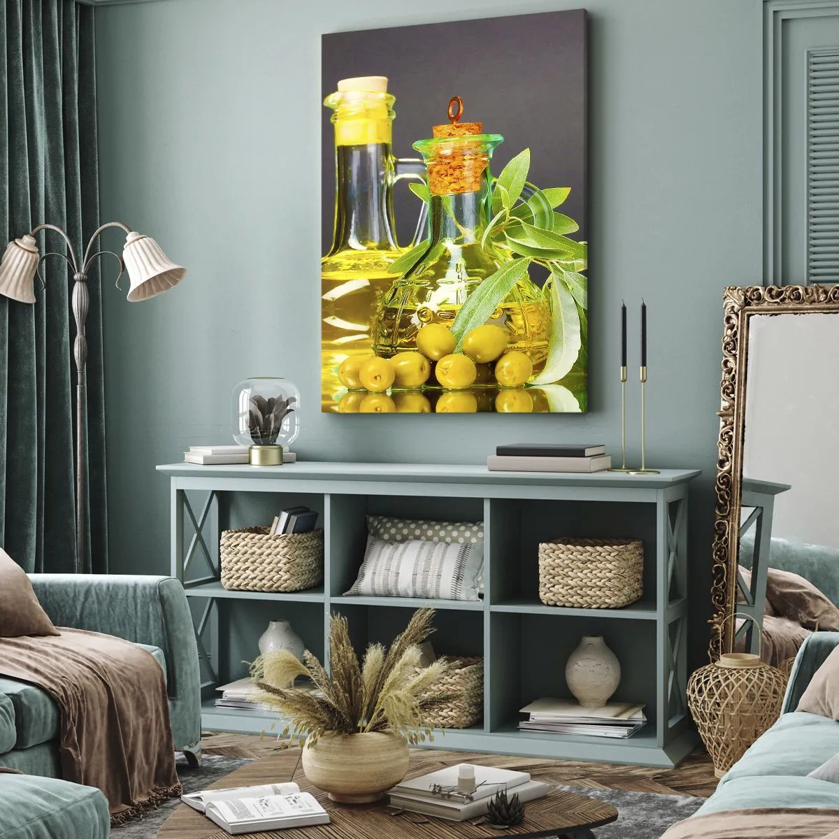 Bild auf Leinwand - Leinwandbild - Flaschen mit Olivenöl und Olivenbaumzweigen - 70x100cm - Stillleben mit Oliven und Olivenöl - Moderne Wanddekoration für Wohnzimmer und Schlafzimmer ARTTOR