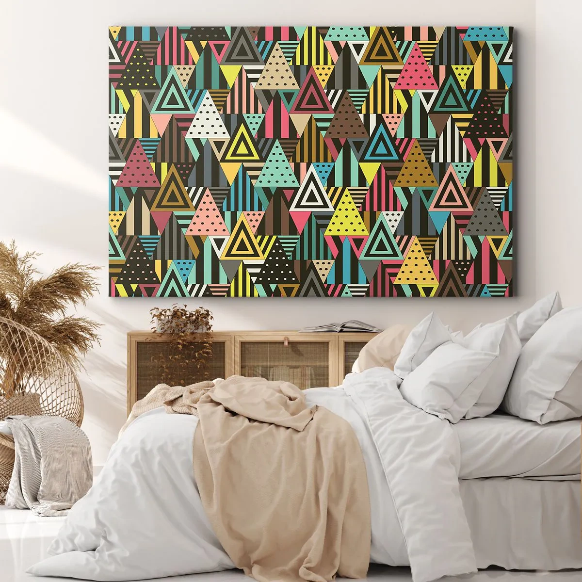 Bild auf Leinwand - Leinwandbild - Buntes geometrisches Muster mit Dreiecken und Linien - 120x80cm - Im Rhythmus auf drei - Moderne Wanddekoration für Wohnzimmer und Schlafzimmer ARTTOR