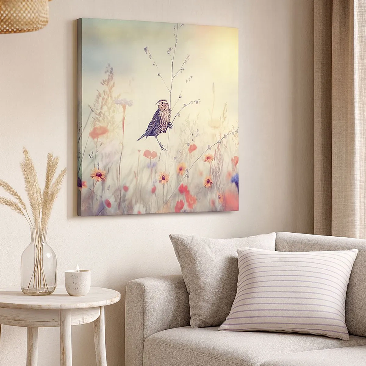 Bild auf Leinwand - Leinwandbild - Vogelporträt mit einer Wiese im Hintergrund - 30x30 cm