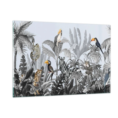 Glasbild - Bild auf glas - Exotische Tiere in einem schwarz-weißen Dschungel auf hellem Hintergrund - 120x80cm - Afrikanisches Märchen - Moderne Wanddekoration für Wohnzimmer und Schlafzimmer ARTTOR
