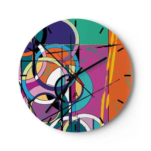 Wanduhr - Glasuhr - Ein Zifferblatt mit einem abstrakten, geometrischen Motiv in leuchtenden Farben. - 30x30cm - Rad für Rad - Moderne Wanddekoration für Wohnzimmer, Küche und Schlafzimmer ARTTOR