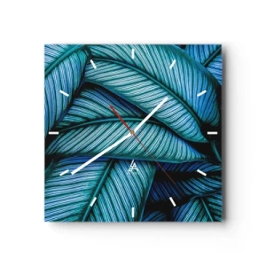Wanduhr - Glasuhr - Eine Nahaufnahme von türkisfarbenen Blättern mit lebendigen Details. - 30x30cm - Lebenslinien - Moderne Wanddekoration für Wohnzimmer und Schlafzimmer ARTTOR