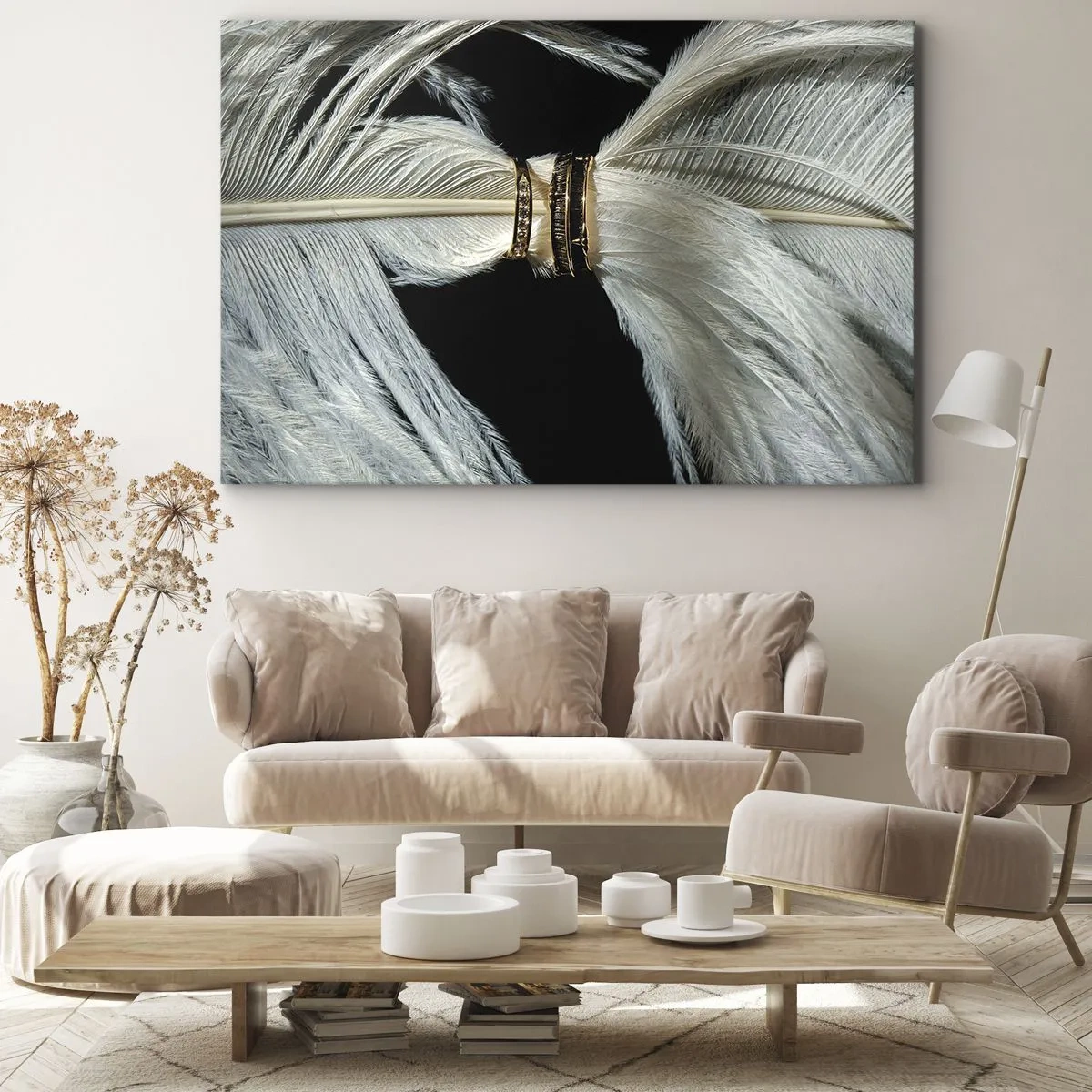 Bild auf Leinwand - Leinwandbild - Eine weiße Feder mit zwei goldenen Ringen auf schwarzem Hintergrund - 70x50cm - ... und ich werde dich nicht verlassen ... - Moderne Wanddekoration für Wohnzimmer und Schlafzimmer ARTTOR