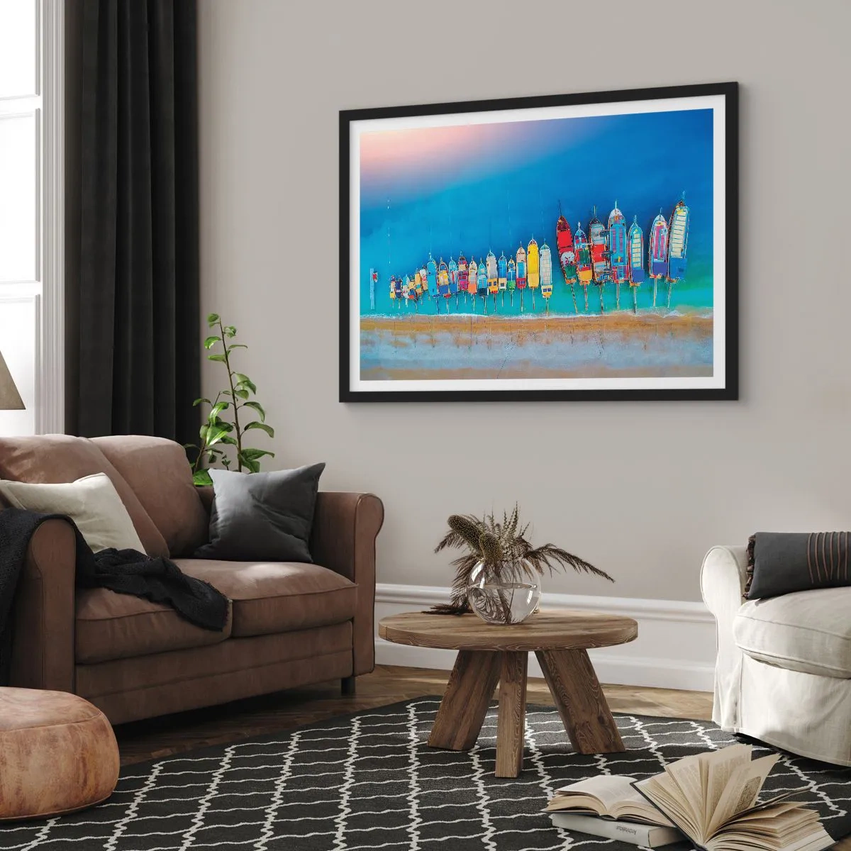 Poster in einem schwarzem Rahmen - Bunte Boote in einer Reihe am Ufer aufgereiht - 100x70cm - Aus der Vogelperspektive - Moderne Wanddekoration für Wohnzimmer und Schlafzimmer ARTTOR