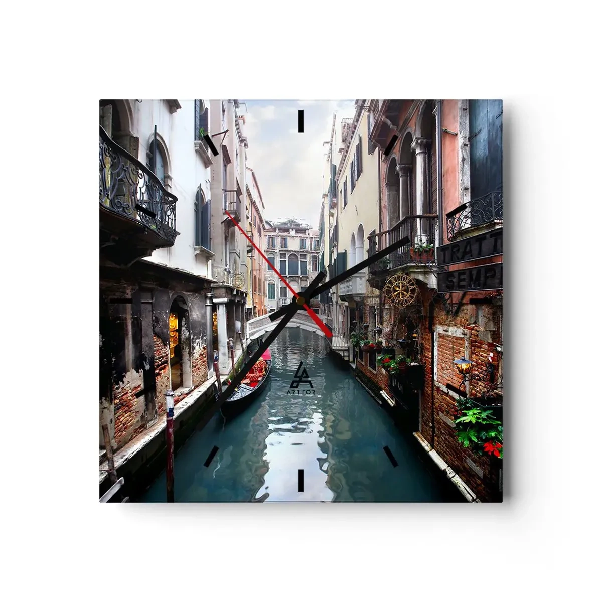 Wanduhr - Glasuhr - Venezianische Landschaft mit Gondel und Brücke - 40x40 cm