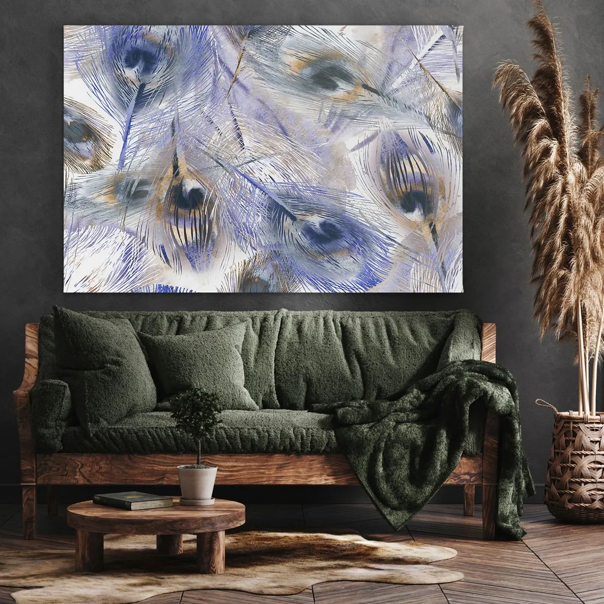 Bild auf Leinwand - Leinwandbild - Ein Muster mit Pfauenfedern in Blau- und Goldtönen - 70x50cm - Pfau-Komposition - Moderne Wanddekoration für Wohnzimmer und Schlafzimmer ARTTOR
