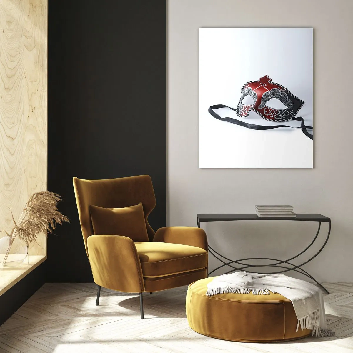 Glasbild - Bild auf glas - Karnevalsmaske in Rot und Silber - 50x70cm - Einladung zum Abschlussball - Moderne Wanddekoration für Wohnzimmer und Schlafzimmer ARTTOR