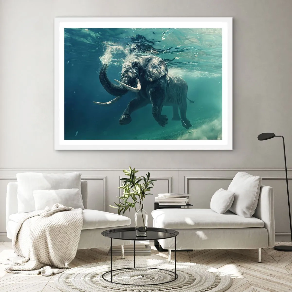 Poster in einem weißen Rahmen - Jeder schwimmt gerne - 50x40 cm