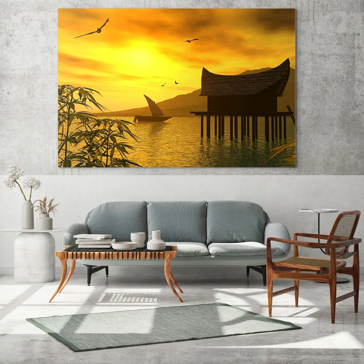 Glasbild - Bild auf glas - Sonnenuntergang über dem See mit einem Haus auf Stelzen - 120x80cm - Der ersehnte Frieden - Moderne Wanddekoration für Wohnzimmer und Schlafzimmer ARTTOR
