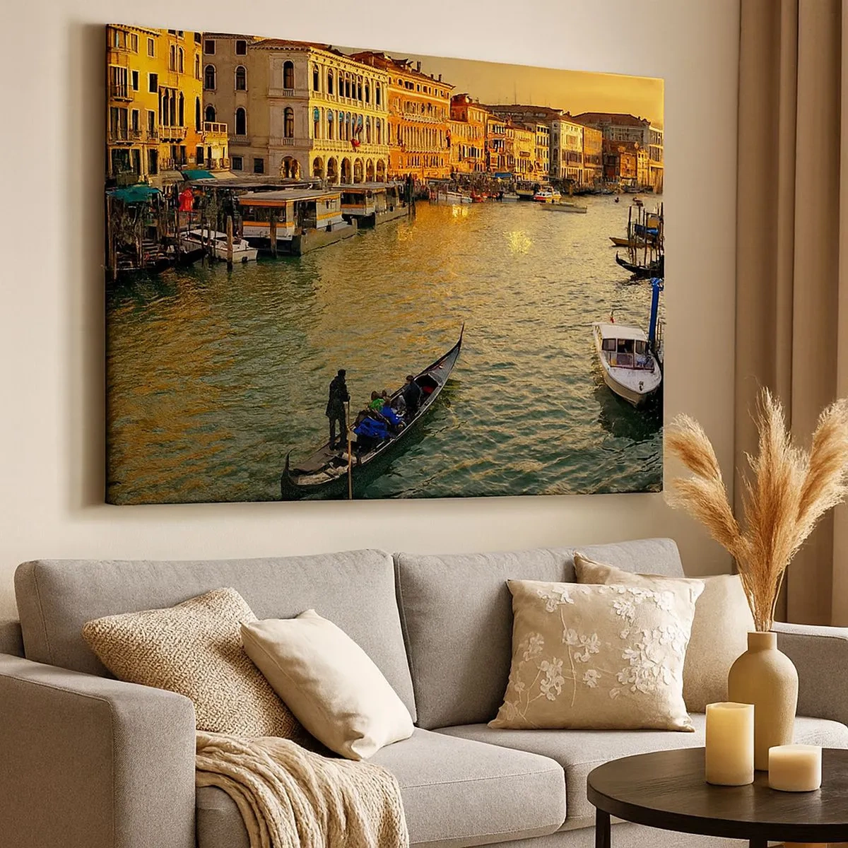 Bild auf Leinwand - Leinwandbild - Gondel auf einem Kanal in Venedig bei Sonnenuntergang - 70x50cm - Auf der Sonnenseite der Straße - Moderne Wanddekoration für Wohnzimmer und Schlafzimmer ARTTOR