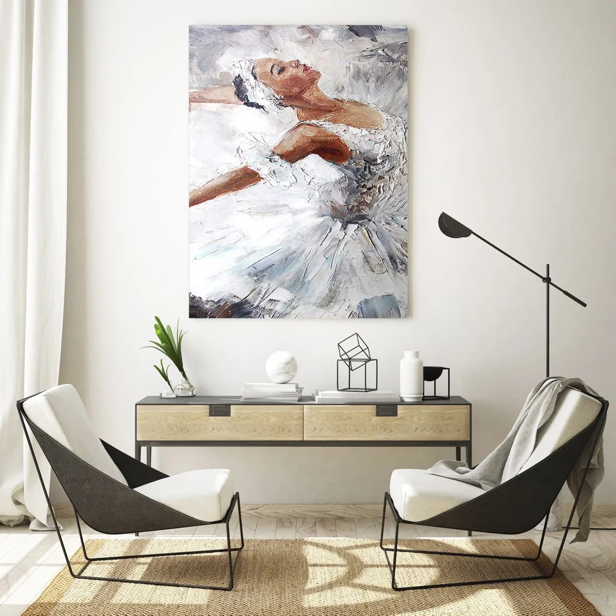 Glasbild - Bild auf glas - Eine Ballerina im weißen Outfit in dynamischer Pose - 50x70cm - Zart und leicht wie Tüll - Moderne Wanddekoration für Wohnzimmer und Schlafzimmer ARTTOR