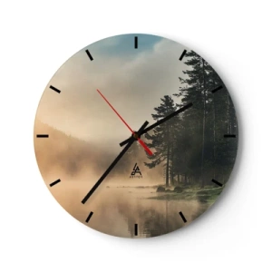 Wanduhr - Glasuhr - Eine neblige Waldlandschaft über einem ruhigen See - 30x30cm - Die Geburt des Tages - Moderne Wanddekoration für Wohnzimmer, Küche und Schlafzimmer ARTTOR