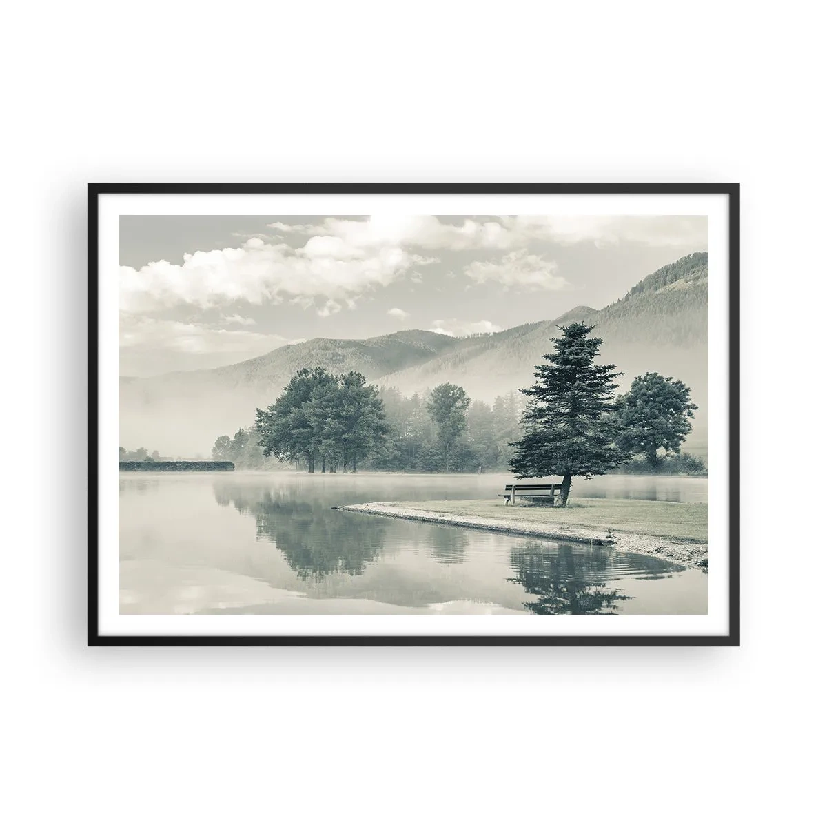 Poster in einem schwarzem Rahmen - Ein malerischer See mit einer Bank und Nebel im Hintergrund - 100x70cm - Der See schläft noch - Moderne Wanddekoration für Wohnzimmer und Schlafzimmer ARTTOR