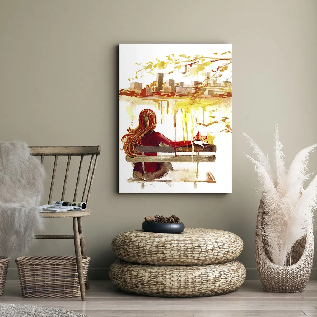 Bild auf Leinwand - Leinwandbild - Aquarellszene einer Frau auf einer Bank mit Blick auf die Stadt - 80x120cm - Ein Moment der Besinnung - Moderne Wanddekoration für Wohnzimmer und Schlafzimmer ARTTOR