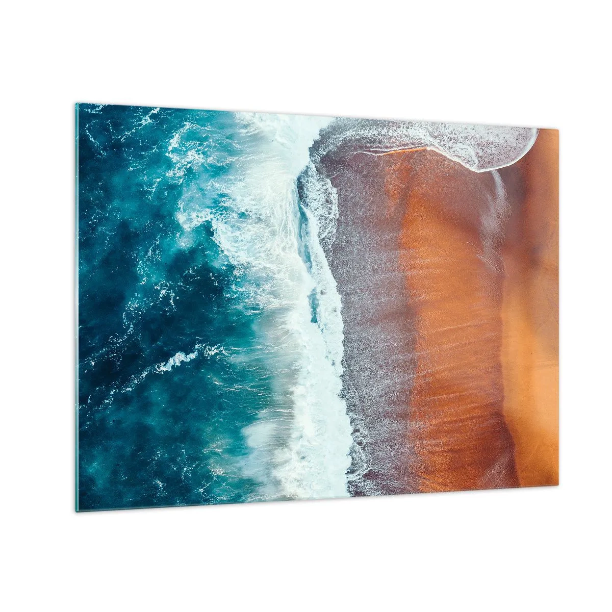 Glasbild - Bild auf glas - Luftaufnahme der Meeresoberfläche und des Strandufers - 70x50cm - Berührung des Ozeans - Moderne Wanddekoration für Wohnzimmer und Schlafzimmer ARTTOR