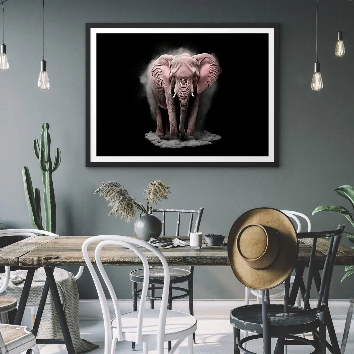 Poster in einem schwarzem Rahmen - Eine künstlerische Interpretation eines rosa Elefanten auf schwarzem Hintergrund - 100x70cm - Denke nicht an einen rosa Elefanten! - Moderne Wanddekoration für Wohnzimmer und Schlafzimmer ARTTOR