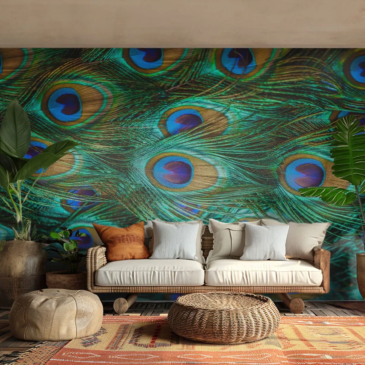 Fototapete Standard Eco - Ein Blick mit Pfauenaugen - Abstraktion, Pfauenfedern, Vogelfeder - 500x350 cm