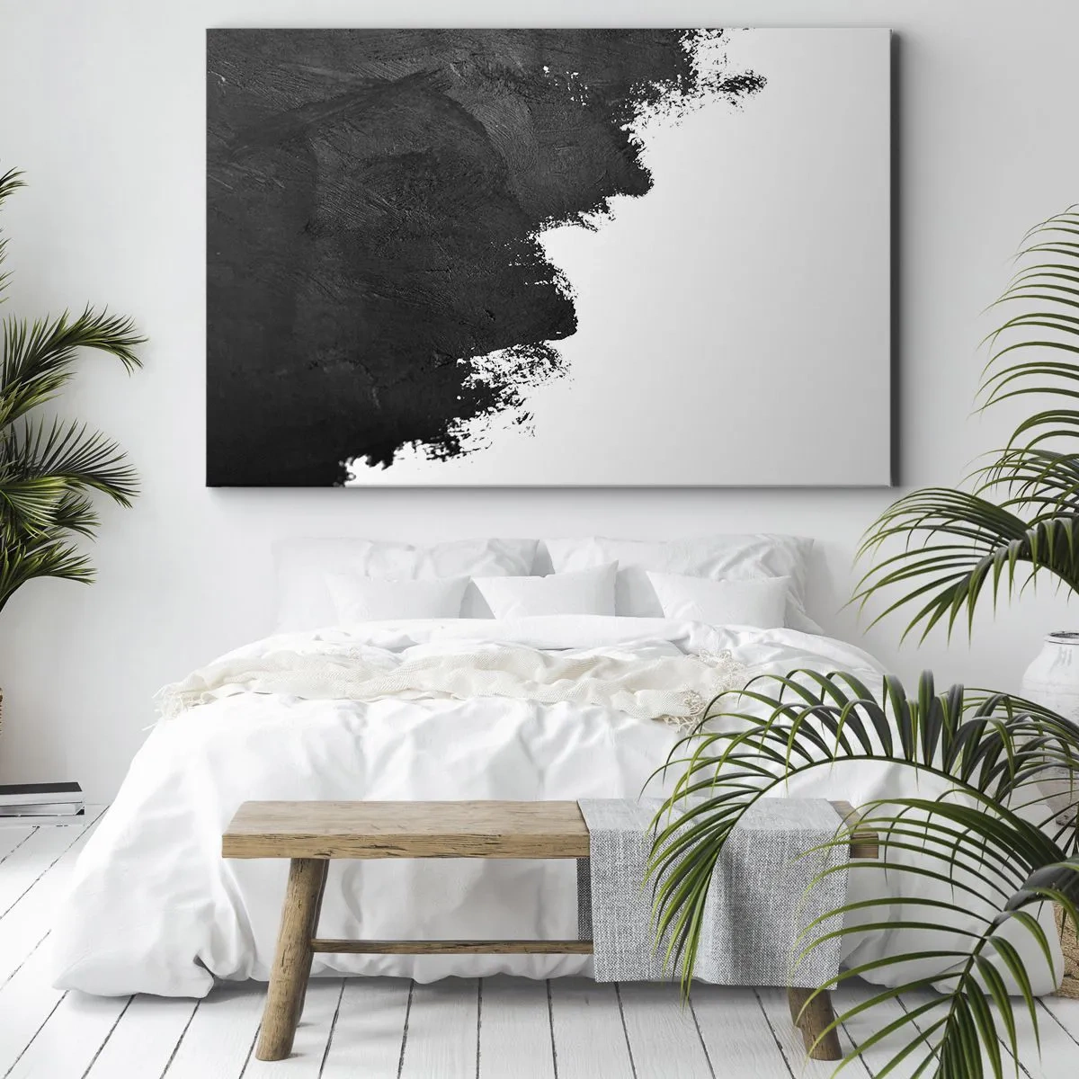 Bild auf Leinwand - Leinwandbild - Schwarz-Weiß-Abstraktion mit kontrastierenden Pinselstrichen - 70x50cm - Elemente: Erde - Moderne Wanddekoration für Wohnzimmer und Schlafzimmer ARTTOR