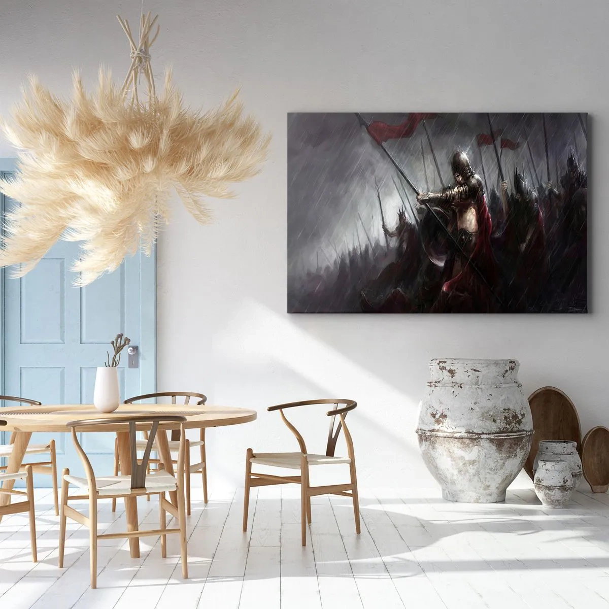 Bild auf Leinwand - Leinwandbild - Ritter marschieren im Regen zum Schlachtfeld - 120x80cm - Passant, sag Sparta ... - Moderne Wanddekoration für Wohnzimmer und Schlafzimmer ARTTOR