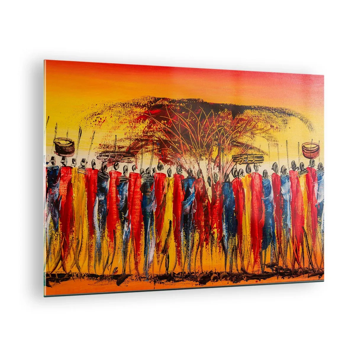 Glasbild - Bild auf glas - Eine farbenfrohe Szene mit Menschen in traditionellen afrikanischen Kostümen - 70x50cm - Dort, dort, dort gehen sie - Moderne Wanddekoration für Wohnzimmer und Schlafzimmer ARTTOR